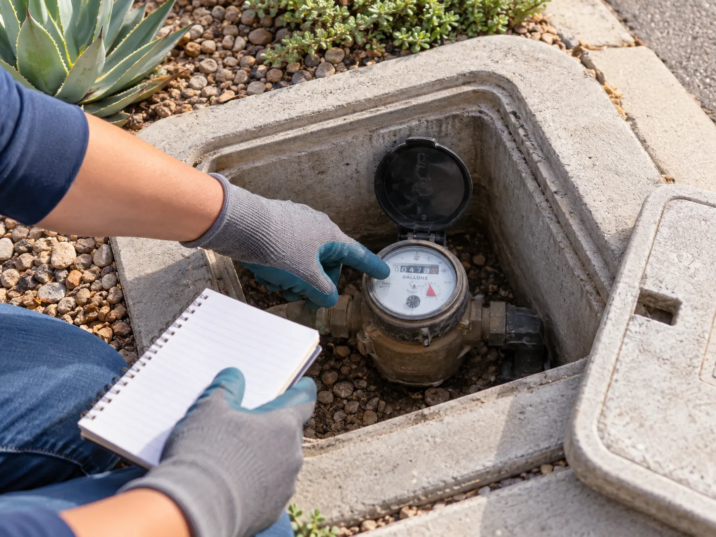 Illustrative view of gloved hands recording a residential water meter reading in a curbside meter box